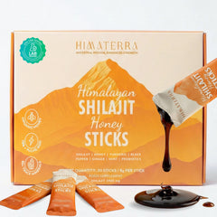 HIMĀTERRA Shilajit Honey Sticks pack for easy daily energy support.