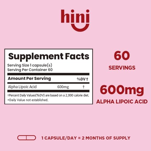 Close-up of HINI Alpha Lipoic Acid 600mg capsules highlighting pure formula