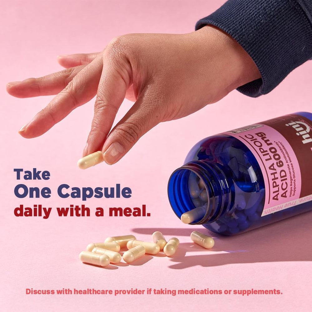 Packaging shot of HINI Alpha Lipoic Acid 600mg with glass for routine intake