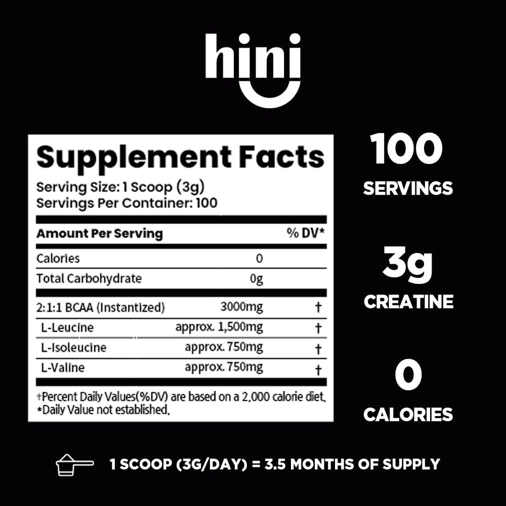 HINI BCAA scoop measures a dose for pre, during, or post-workout use
