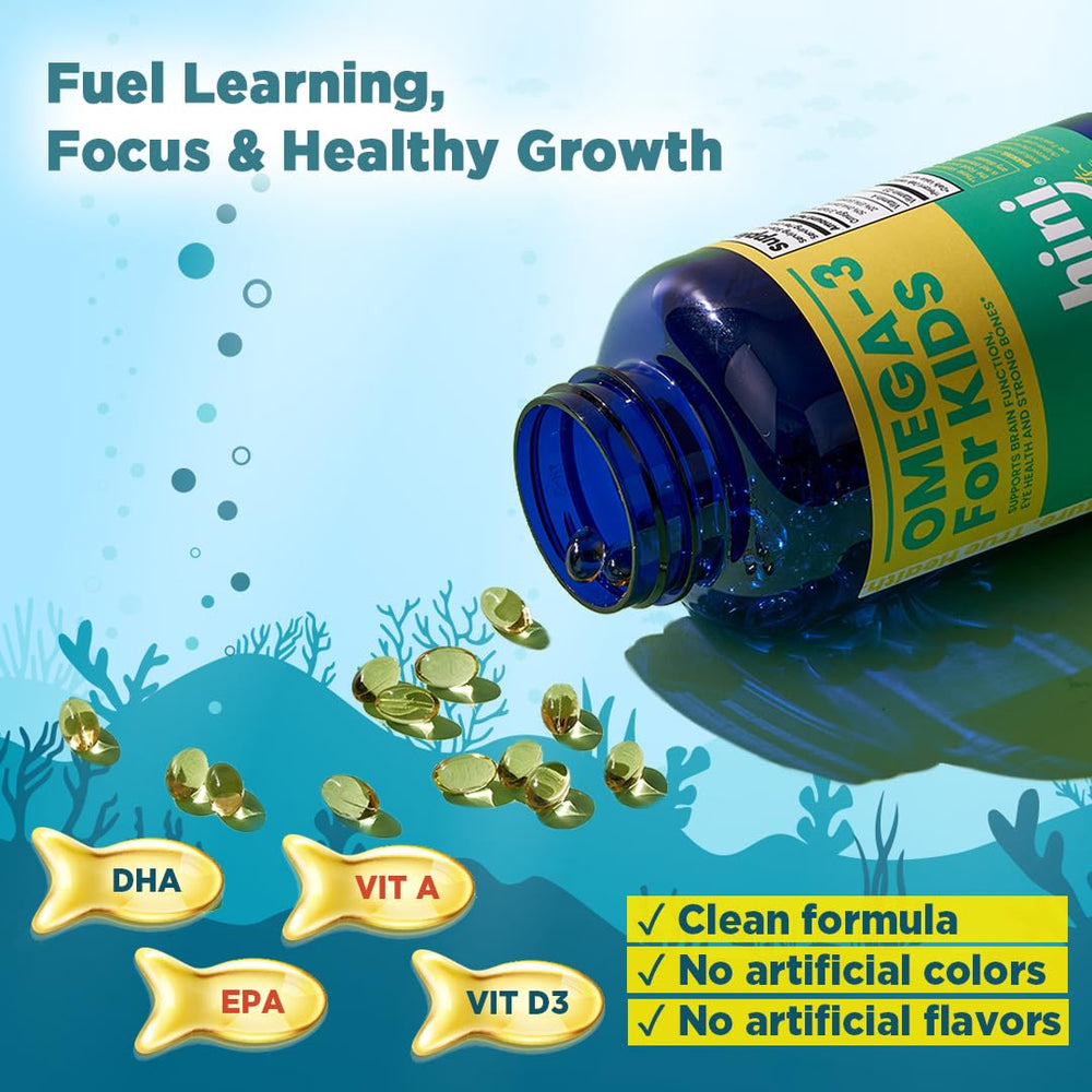 HINI Omega-3 Kids bottle highlighting DHA for eye health.