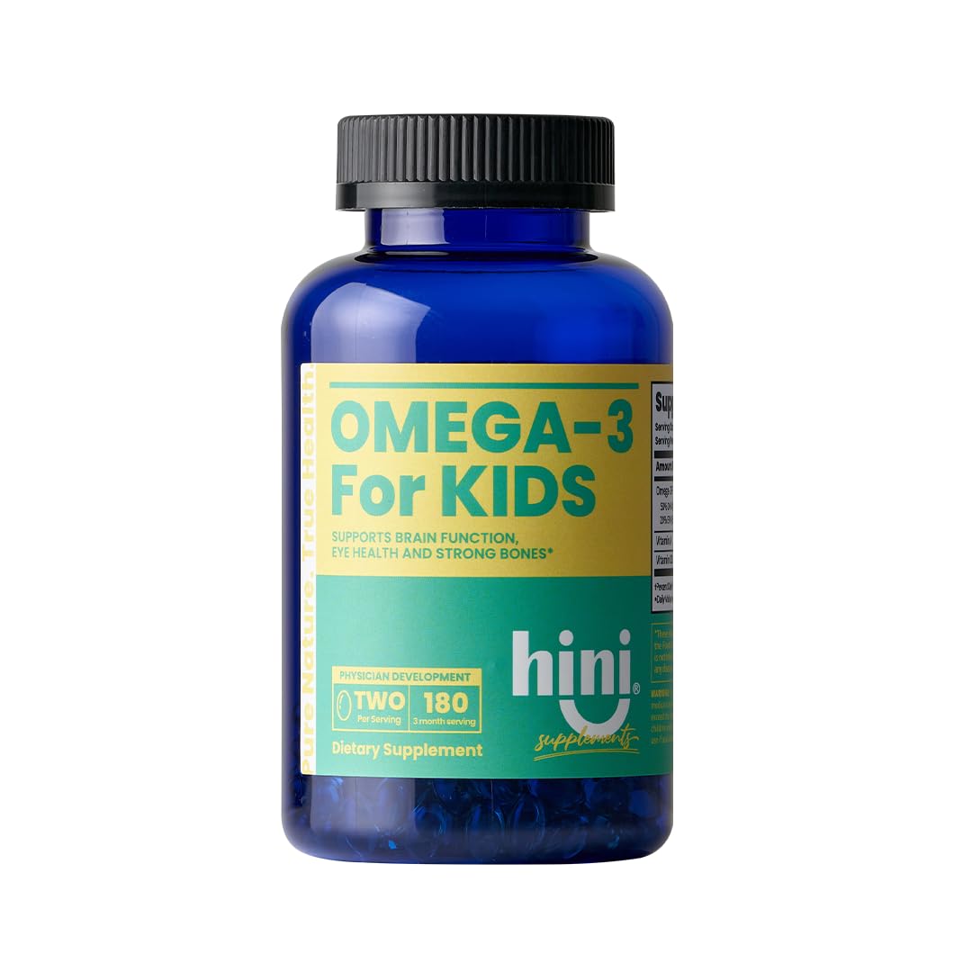 HINI Omega-3 Kids bottle pouring for daily brain and eye support.