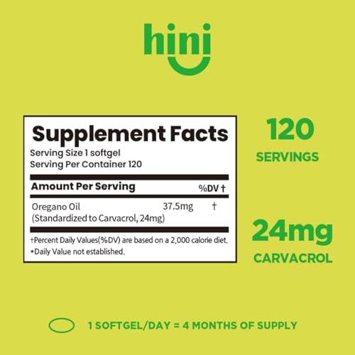 HINI Oregano Oil softgel capsule closeup showing carvacrol per serving.