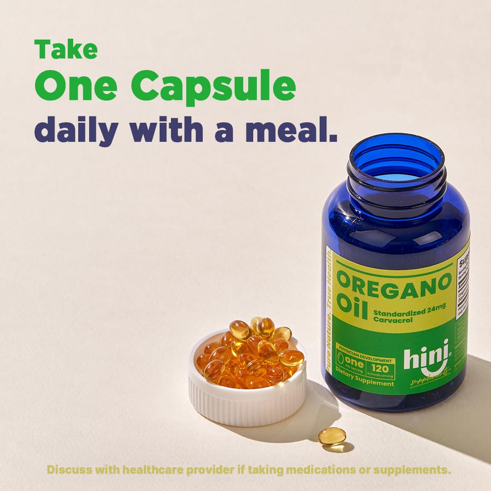 HINI Oregano Oil with wild oregano source, indicating quality ingredients.