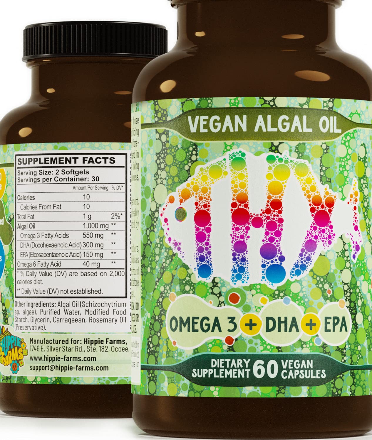 Hippie Farms label ingredients shows DHA EPA and omega-3 benefits.