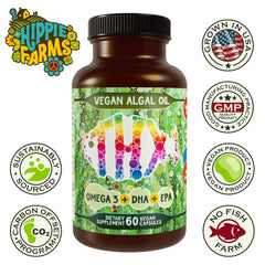 Hippie Farms algae oil usa farm-grown bottle highlights sustainable sourcing.