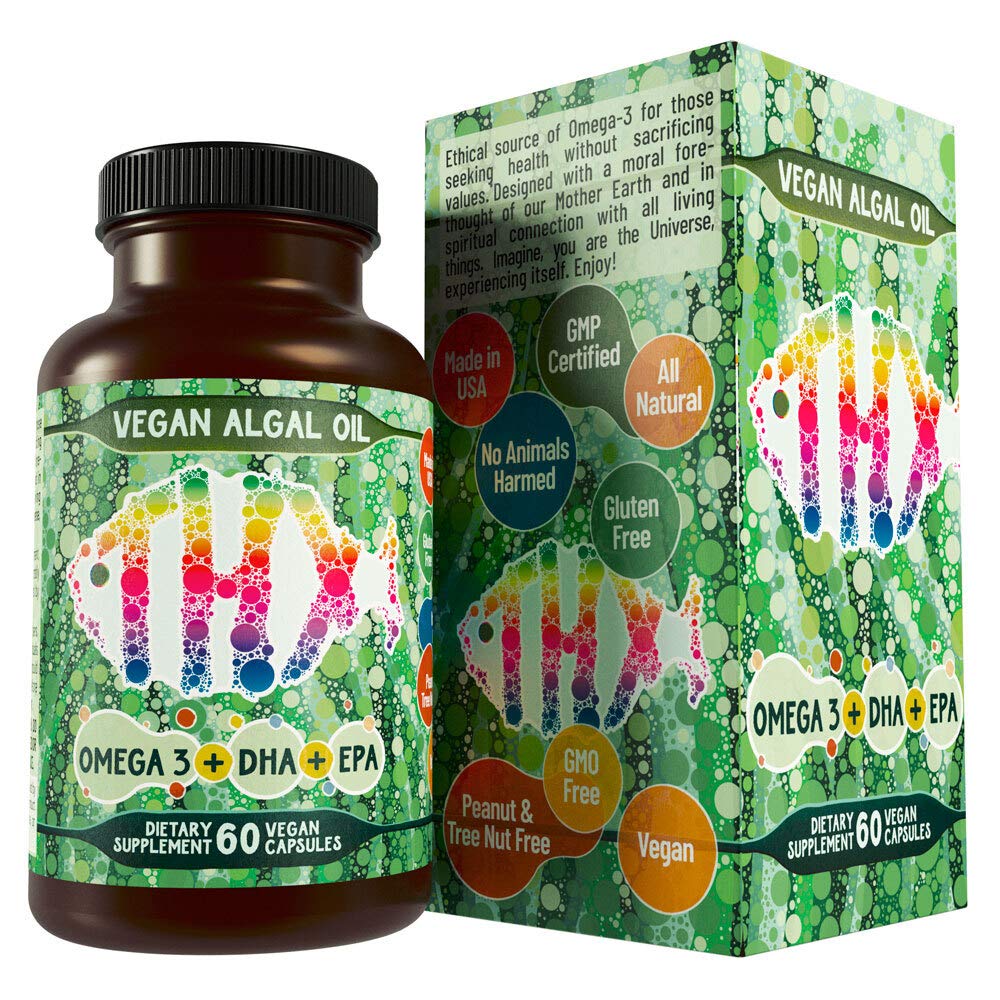 Hippie Farms vegan omega3 bottle showcases fish-free DHA and EPA for heart and brain support.