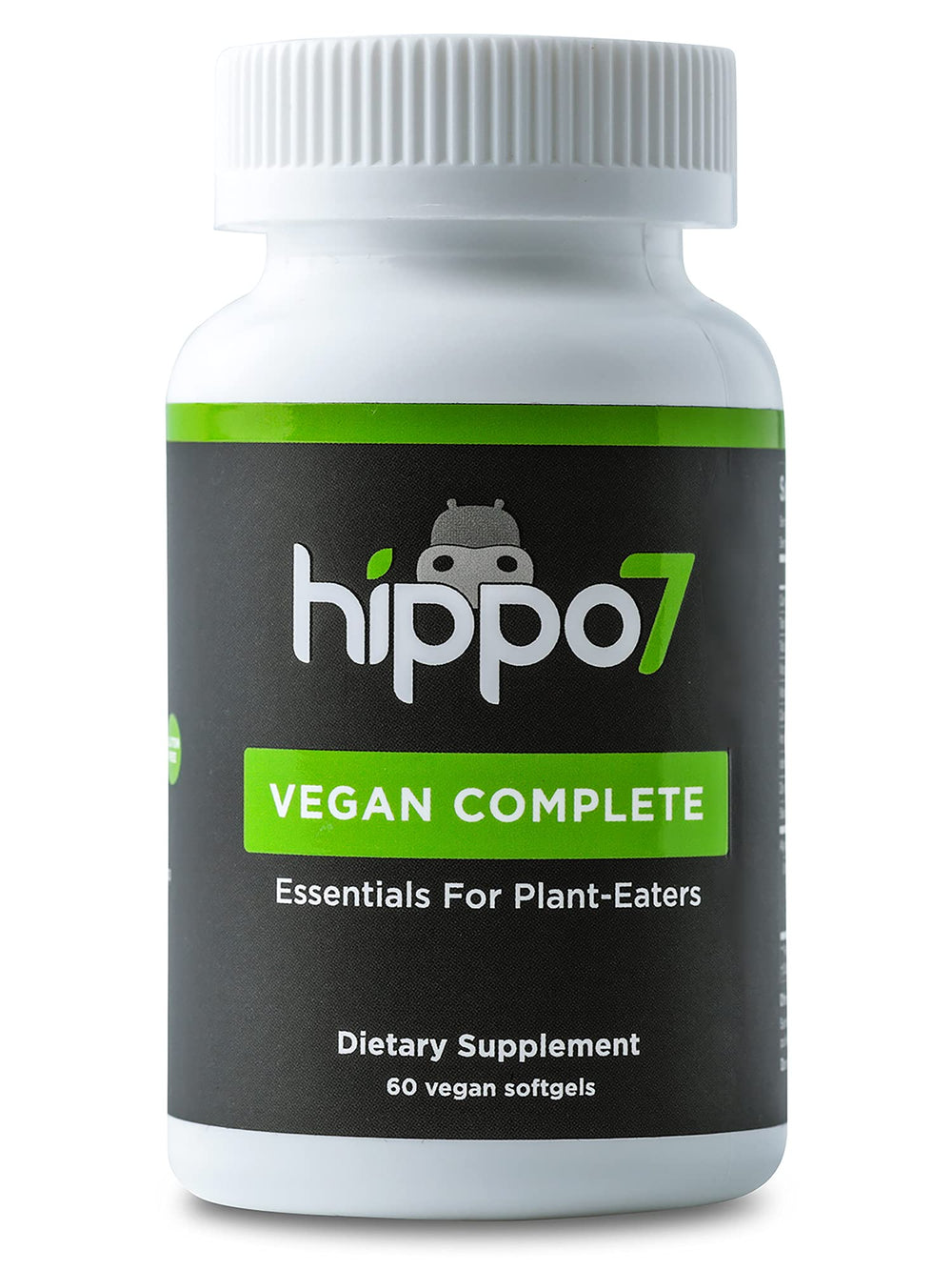 Hippo7 vegan complete multivitamin bottle shows label, ideal for plant-based daily nutrition.