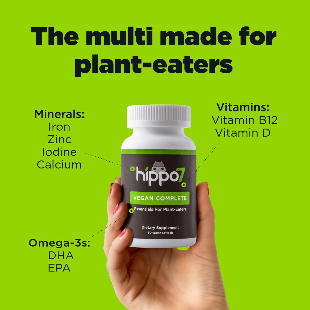 Hippo7 vegan complete multivitamin label close-up highlights vegan, non-GMO, gluten-free ingredients.