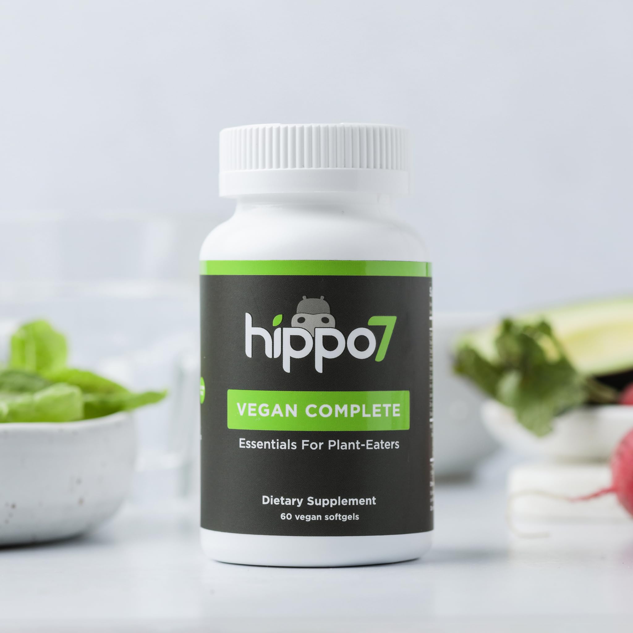 Hippo7 softgels image emphasizes omega-3 DHA+EPA in convenient daily capsules.