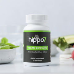 Hippo7 softgels image emphasizes omega-3 DHA+EPA in convenient daily capsules.