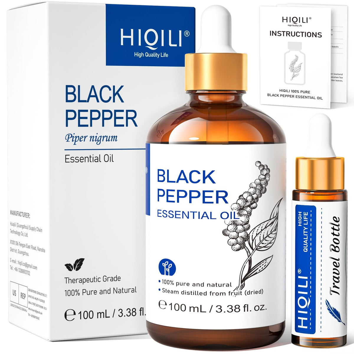 HIQILI Black Pepper Oil bottle showing pure oil with a warm, spicy aroma for diffusion