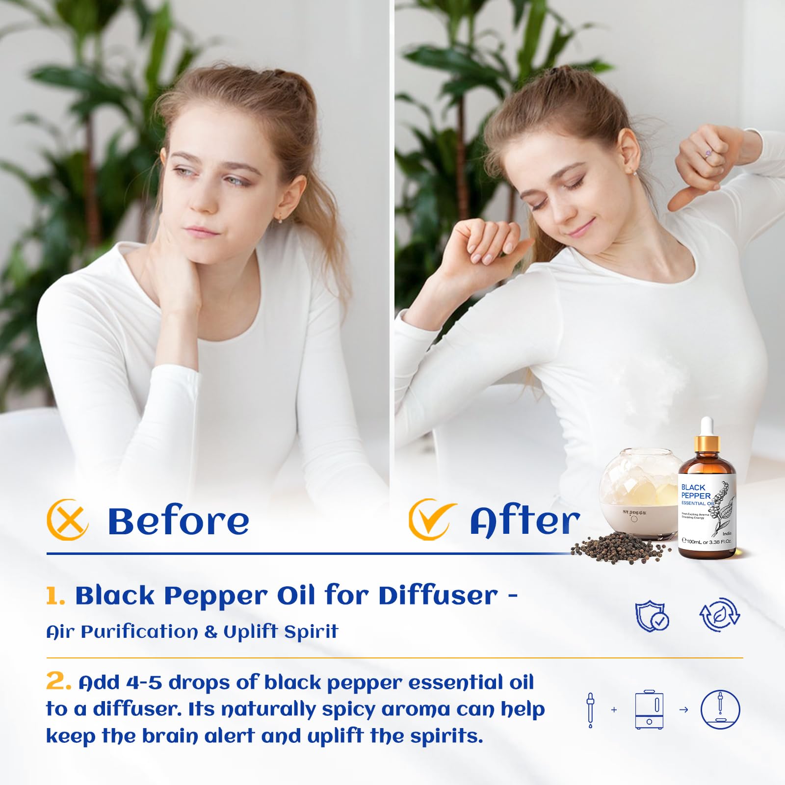 HIQILI Black Pepper Oil diffuser setup releasing a cozy aroma for relaxation and focus