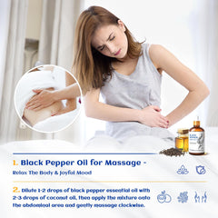 HIQILI Black Pepper Oil massage application demonstrates safe dilution for warming skin