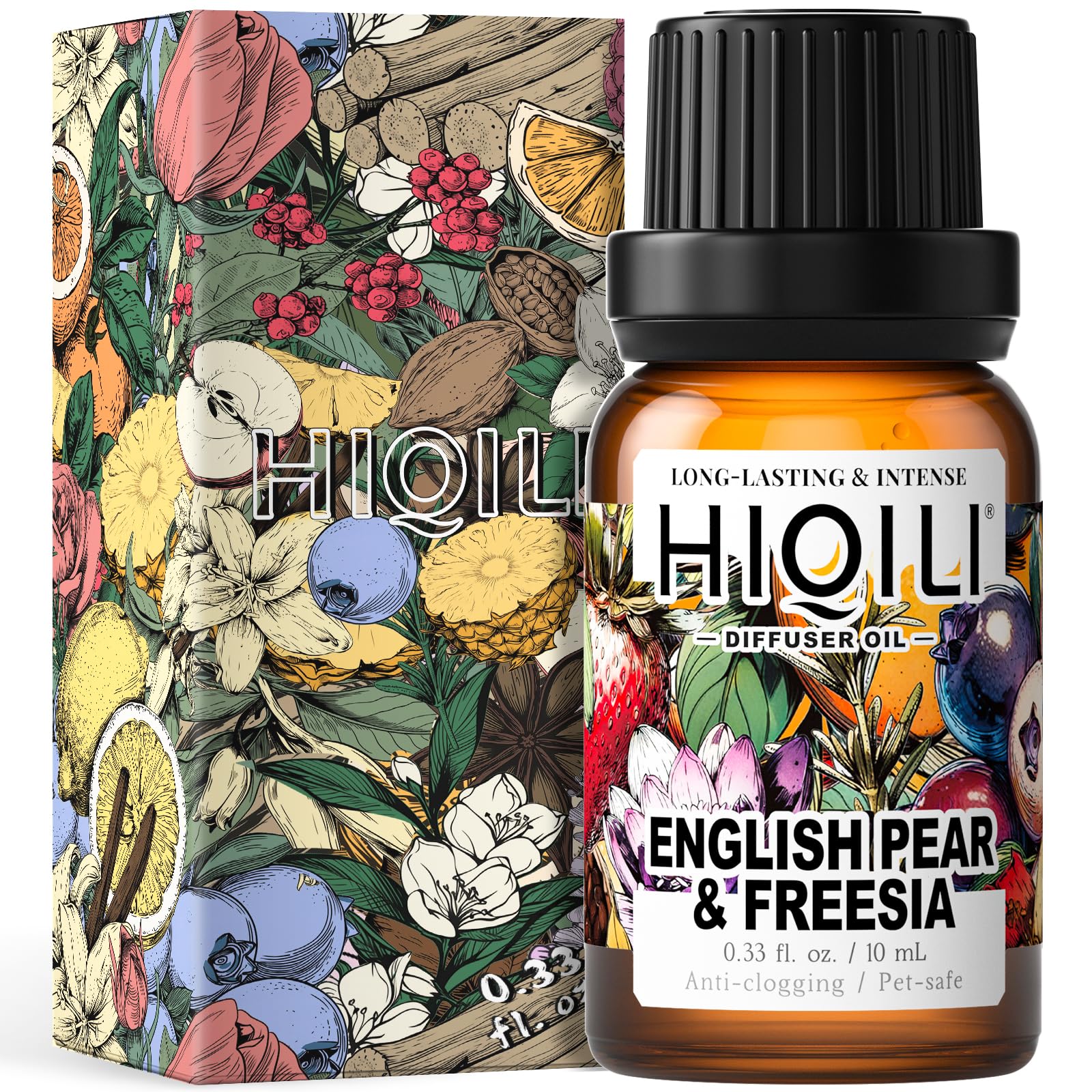 HIQILI English Pear & Freesia diffuser oil bottle releasing a fresh scent for home use.