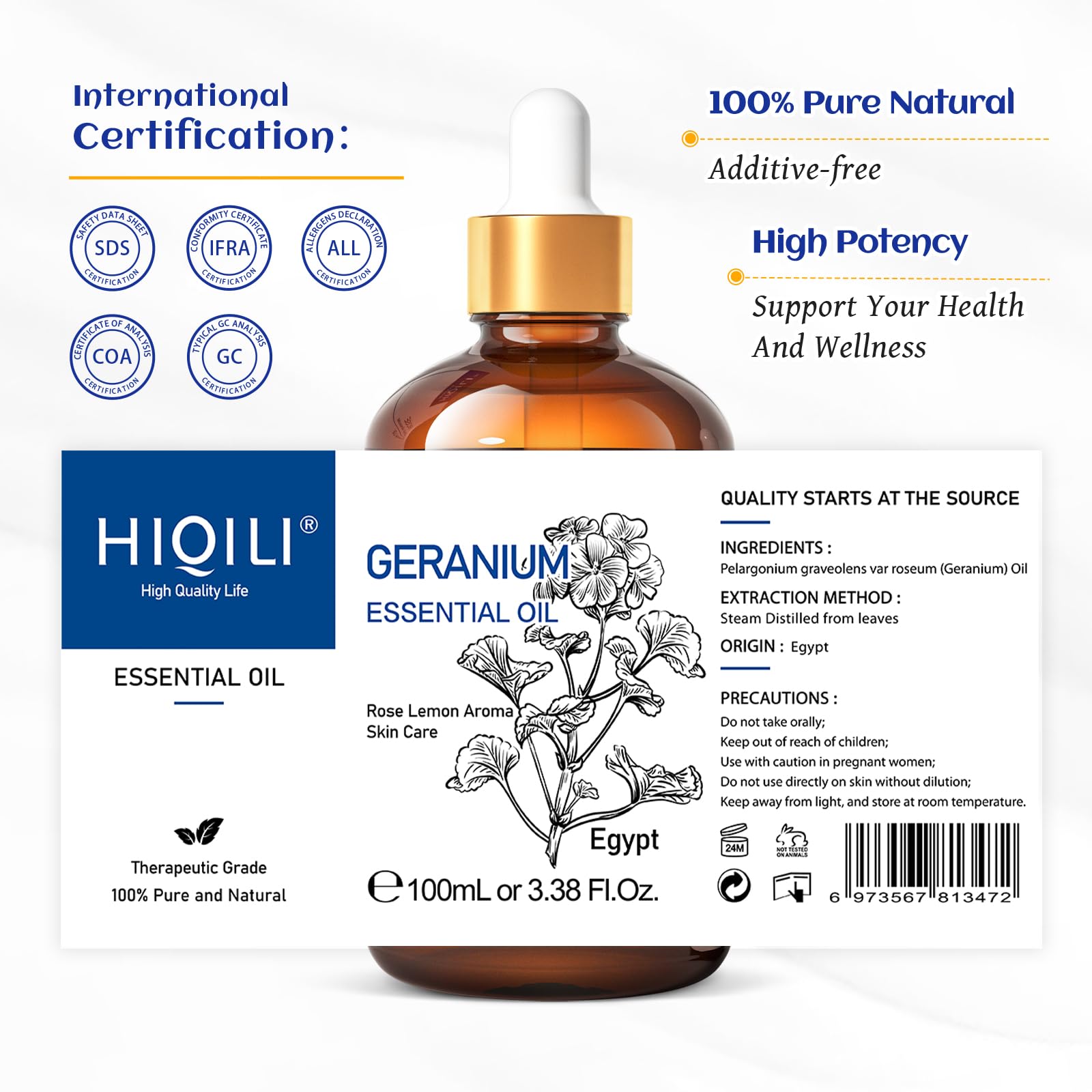 HIQILI label closeup showcases branding and essential oil details.