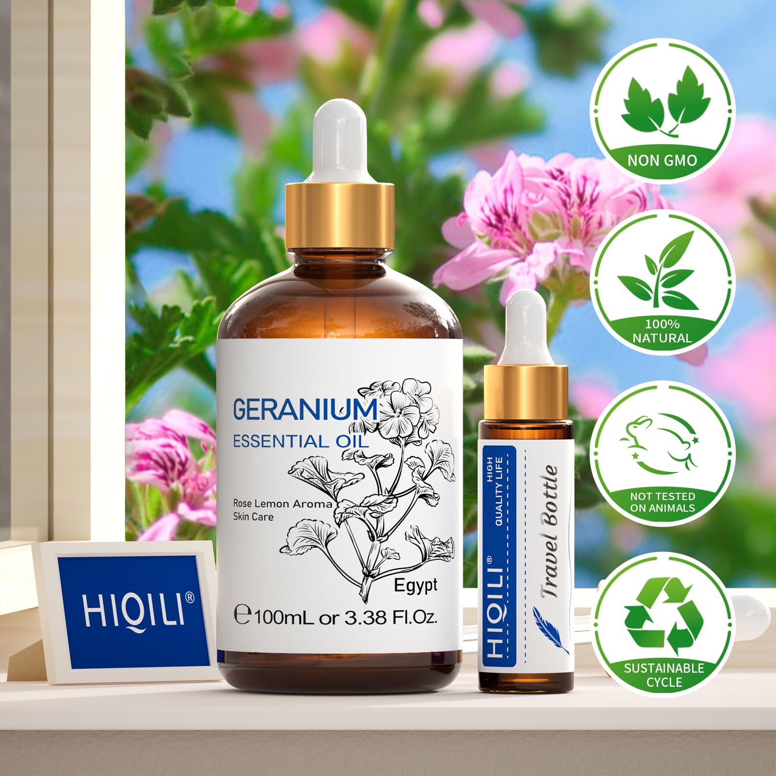 HIQILI skin-care setup with geranium oil for gentle routines.