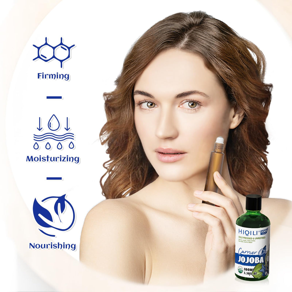 HIQILI Jojoba Oil 100ml bottle featuring roller for precise application.