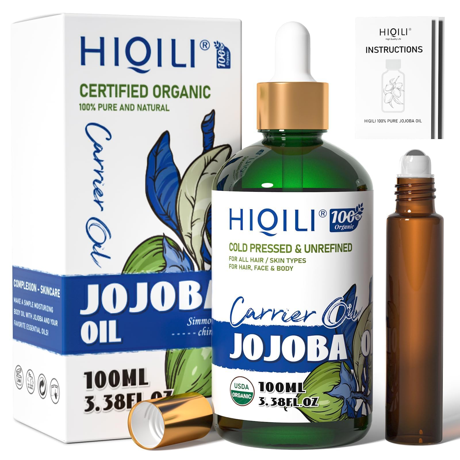 HIQILI Jojoba Oil bottle with roller for easy scalp massage.