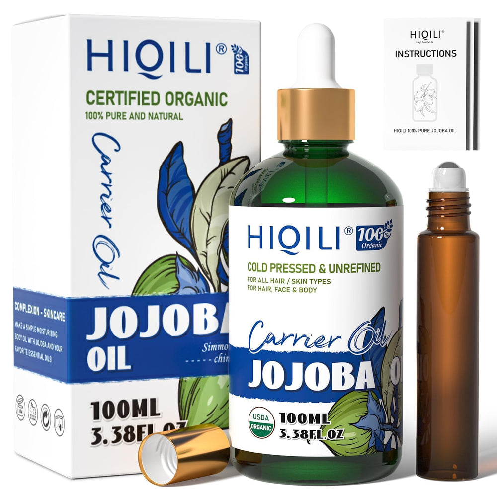 HIQILI Jojoba Oil bottle with roller for easy scalp massage.