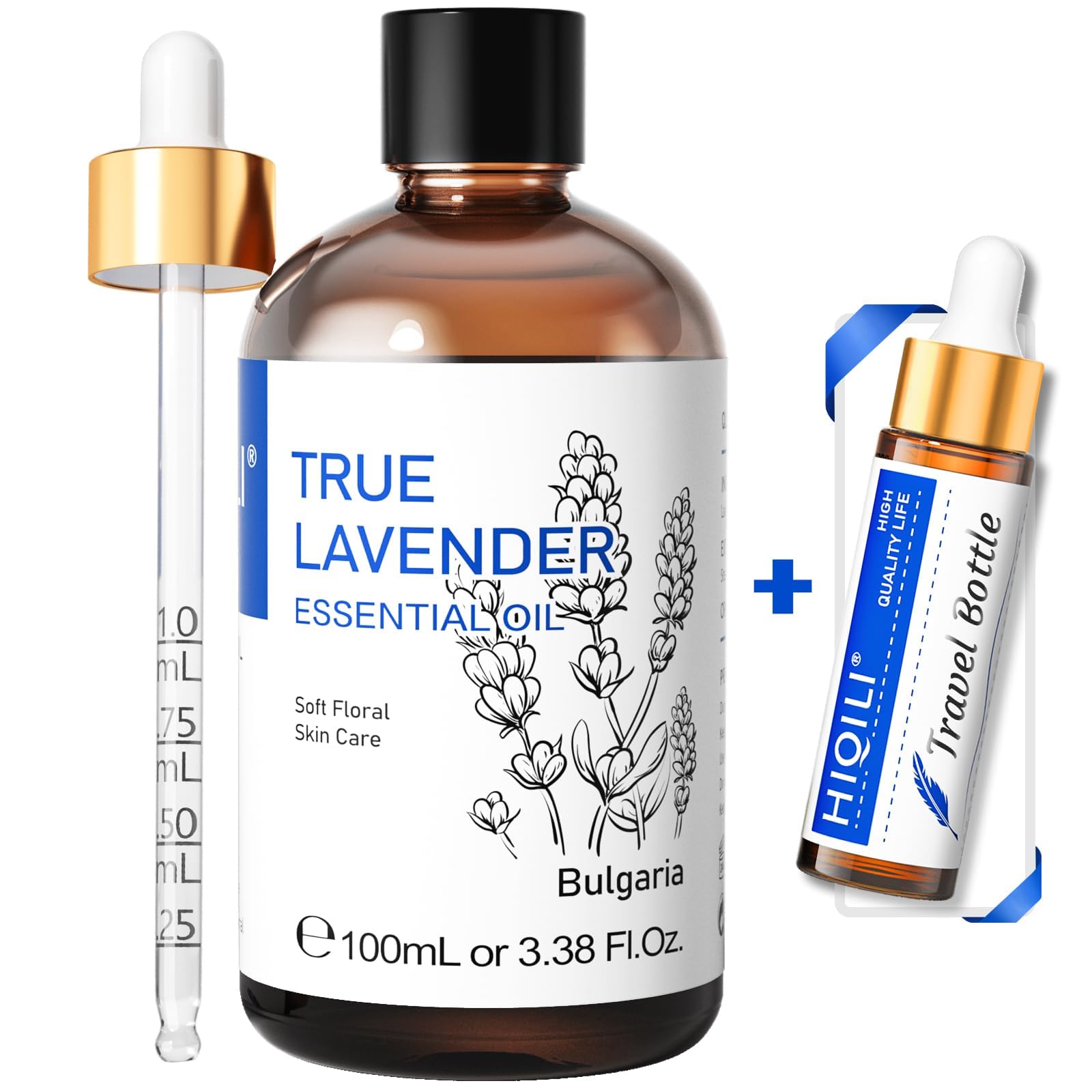 HIQILI Lavender Essential Oil in amber glass bottle for calming aromatherapy at home.