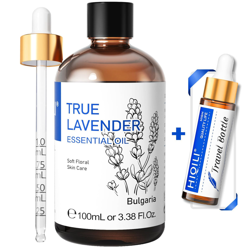 HIQILI Lavender Essential Oil in amber glass bottle for calming aromatherapy at home.