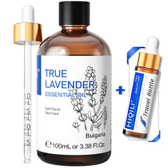 HIQILI Lavender Essential Oil in amber glass bottle for calming aromatherapy at home.