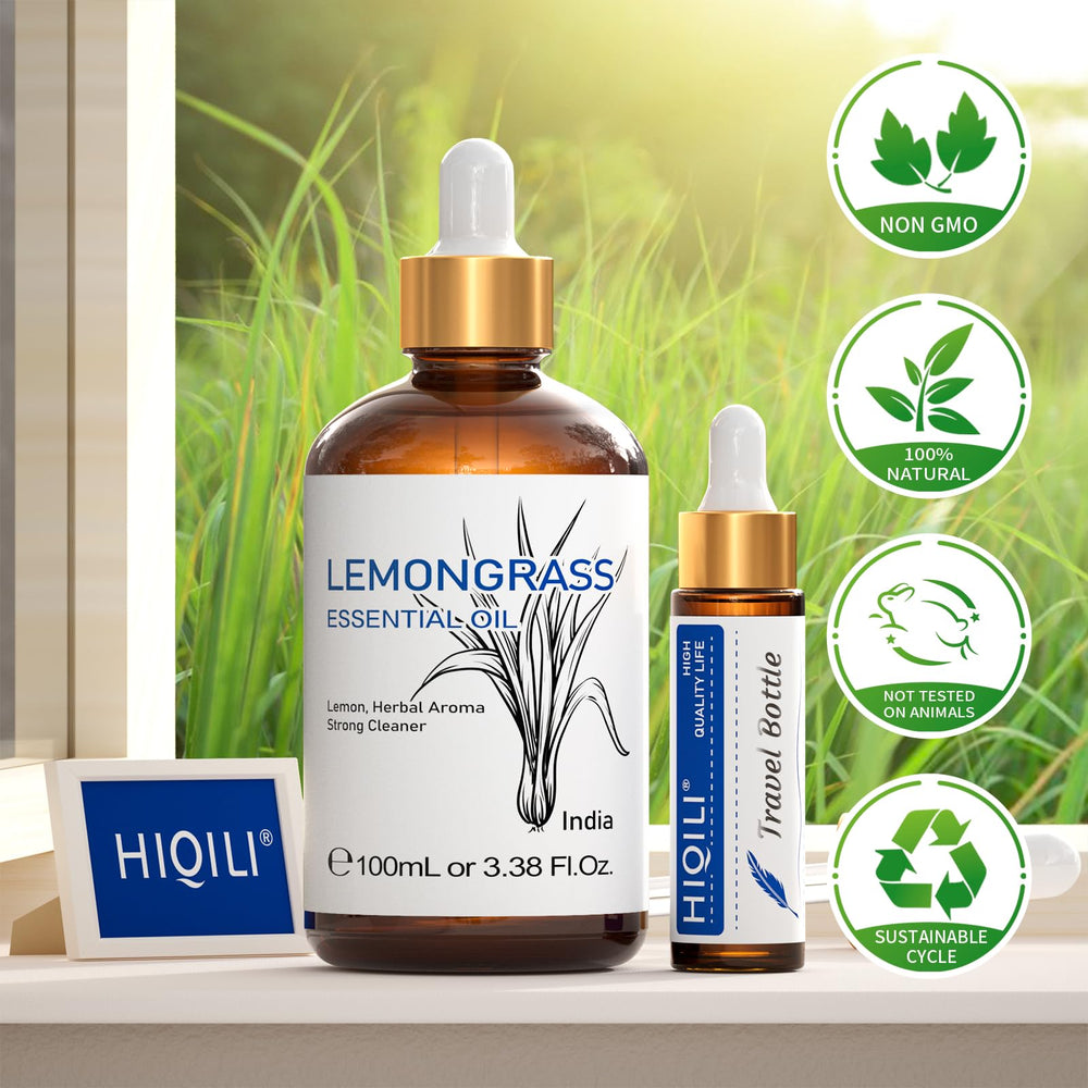 HIQILI lemongrass essential oil storage image implies safe aroma longevity.
