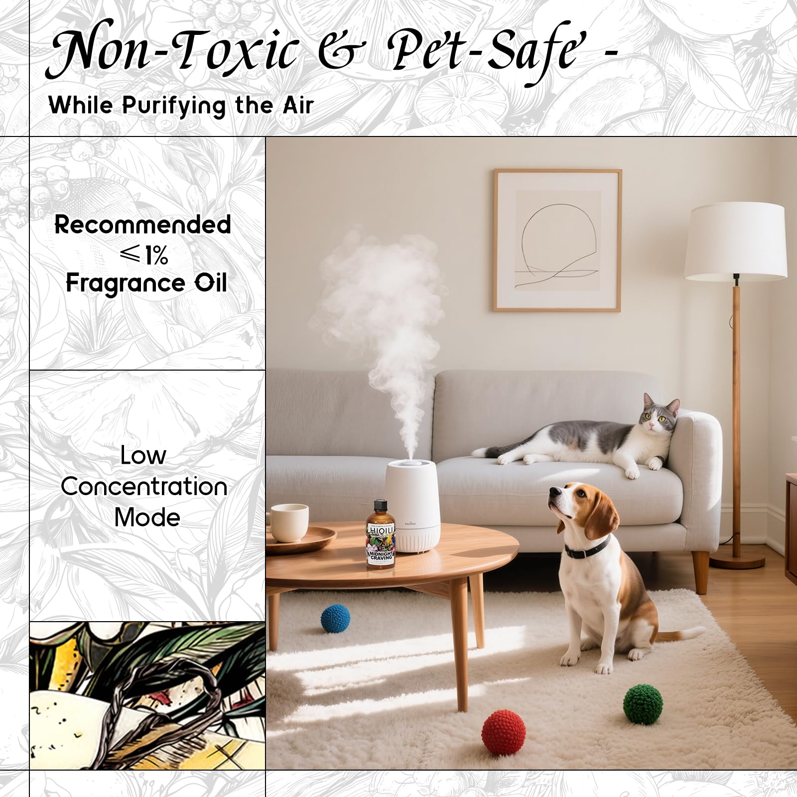Pet-safe formulation suitable for diffusion near pets.