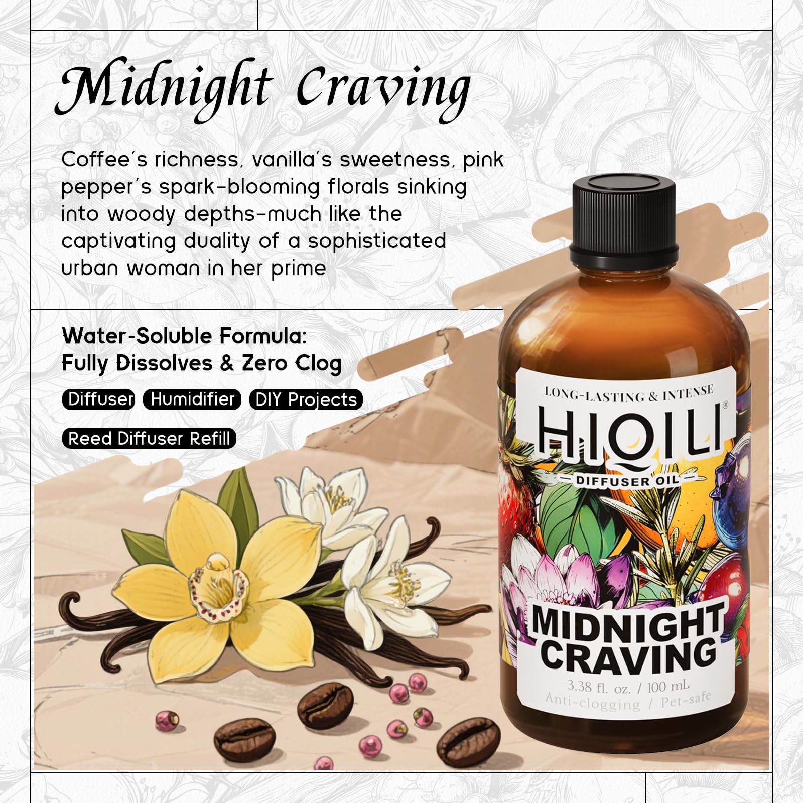 Close-up pour of HIQILI Midnight Craving diffuser oil enabling quick scent diffusion.