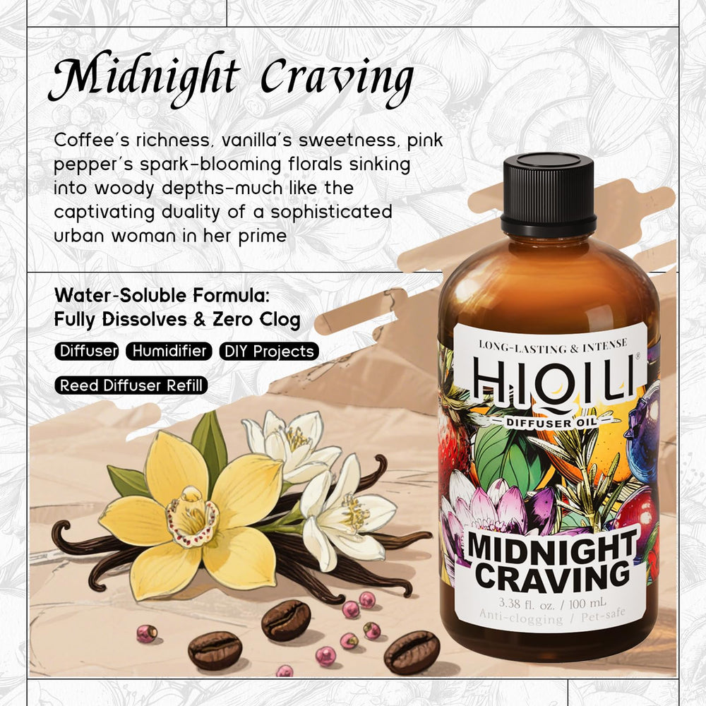 Close-up pour of HIQILI Midnight Craving diffuser oil enabling quick scent diffusion.