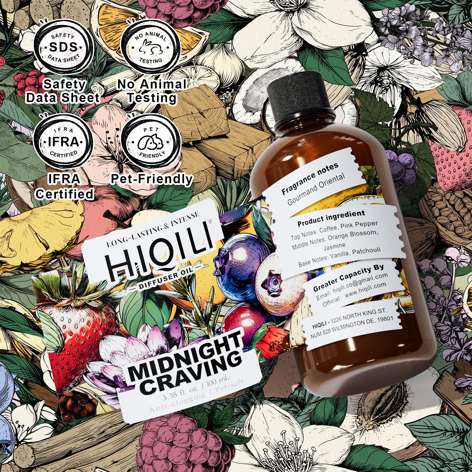 Premium packaging of HIQILI Midnight Craving with amber bottle and dropper.