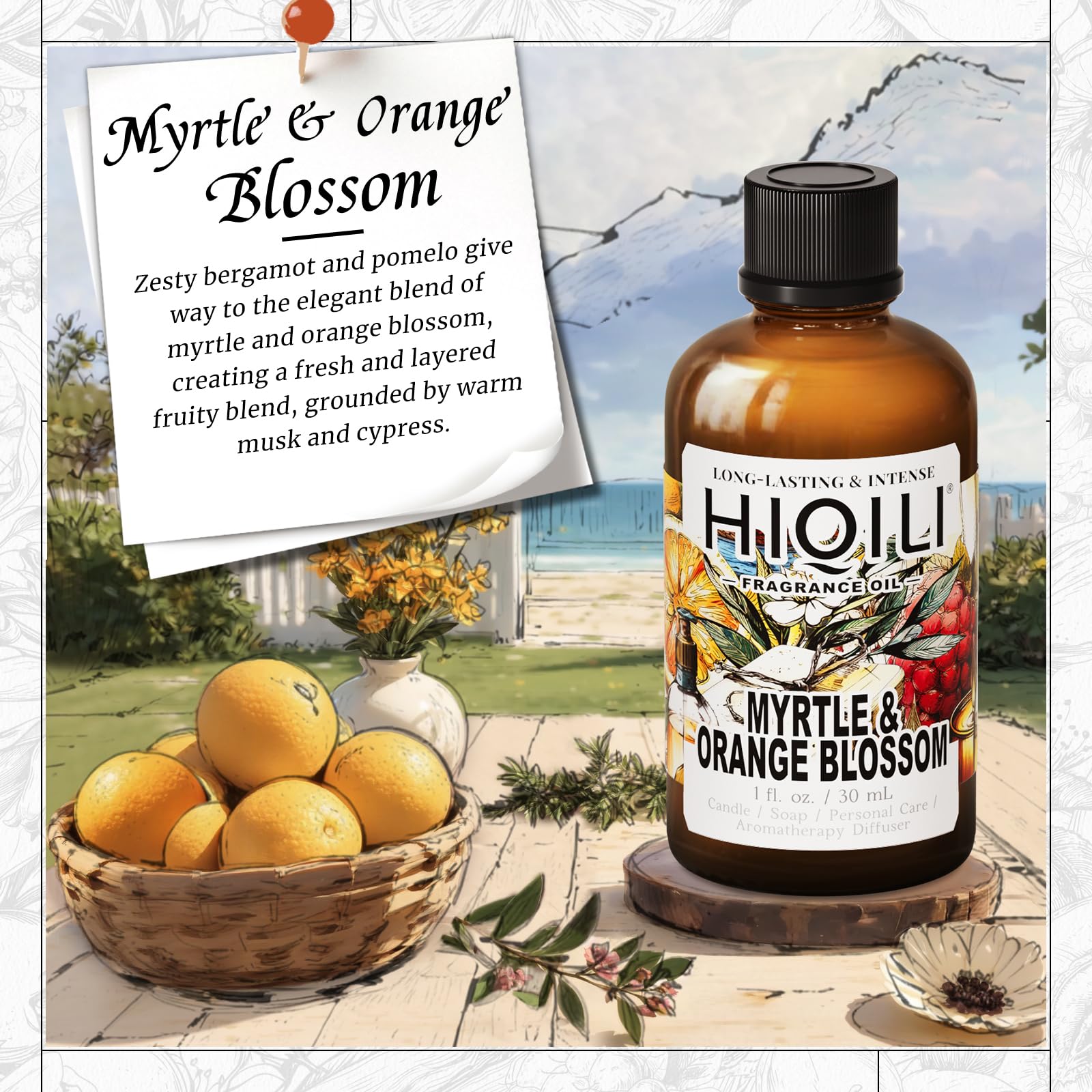 HIQILI Myrtle & Orange Blossom 1oz bottle ready for DIY candle or soap projects.