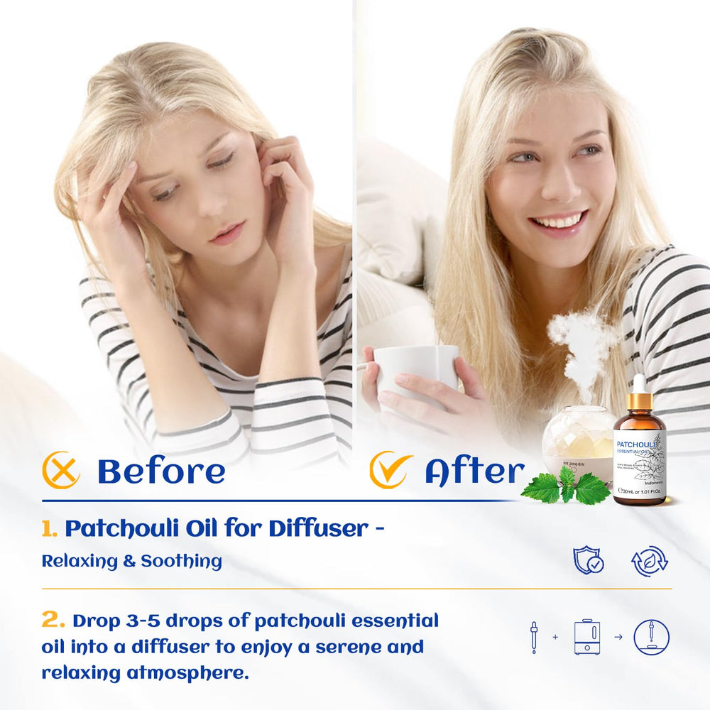 HIQILI Patchouli essential oil in diffuser setup for aromatherapy
