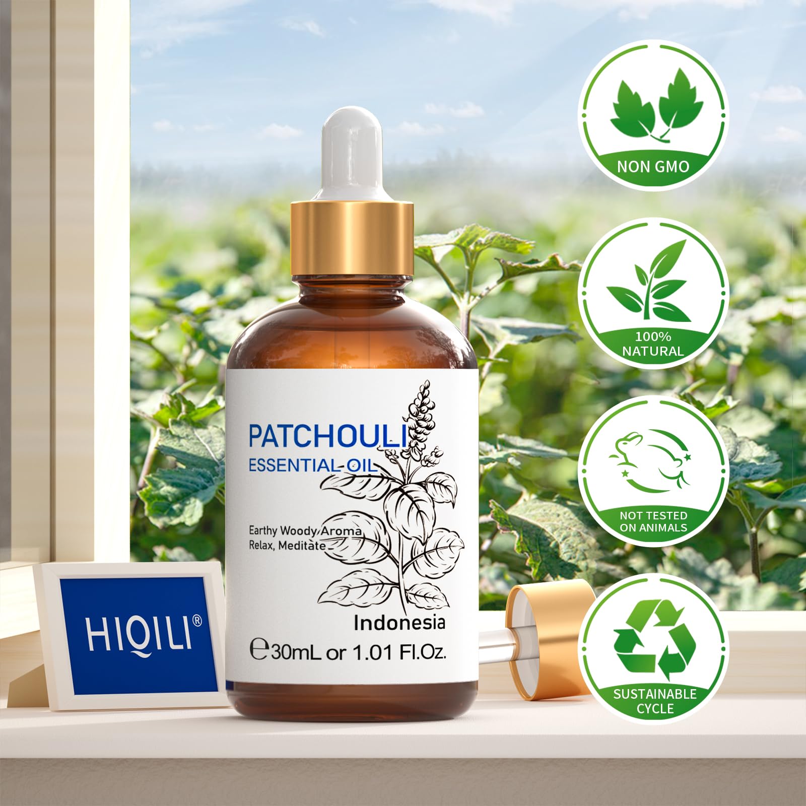 HIQILI Patchouli essential oil ingredient label and certifications