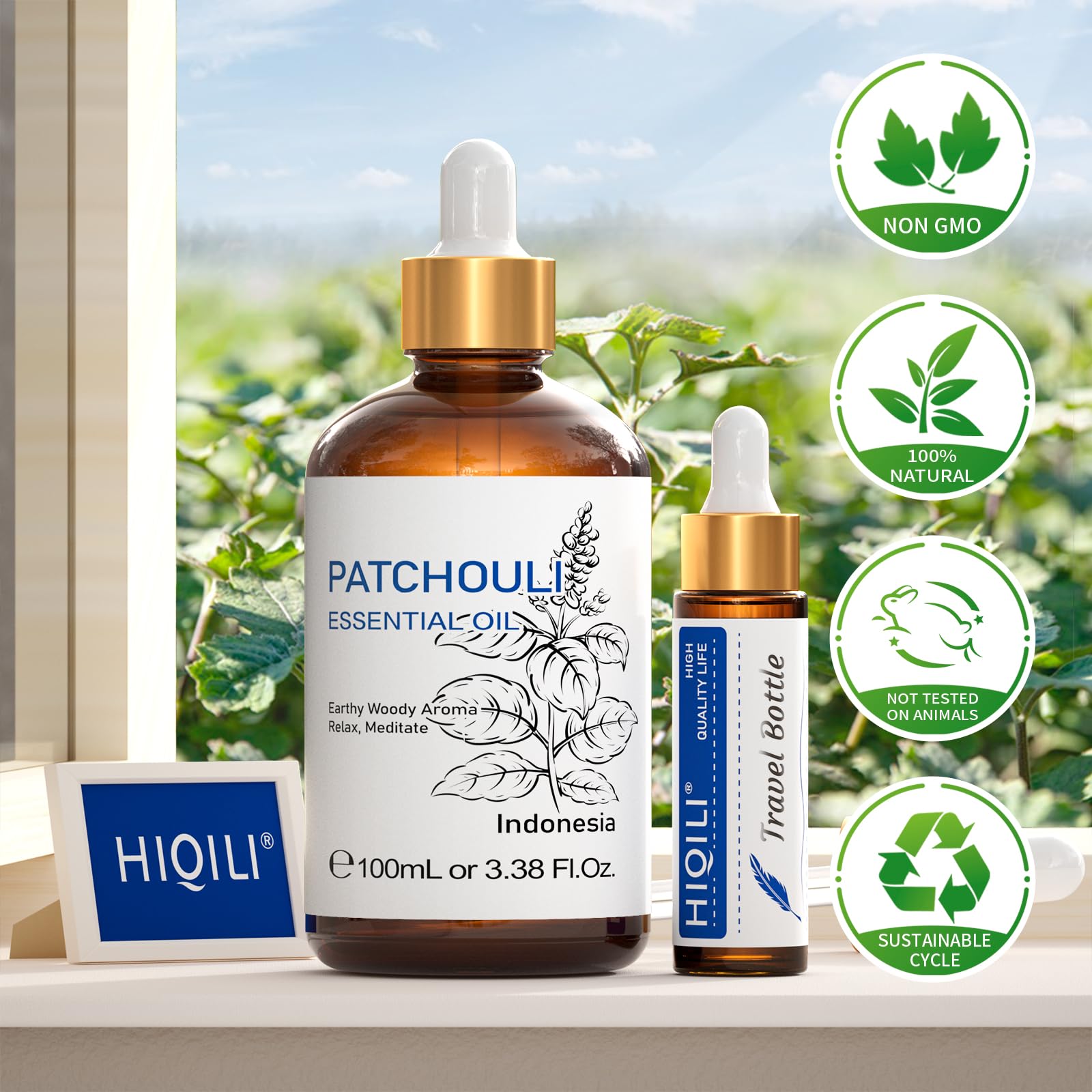 HIQILI Patchouli oil packaging shows COA and IFRA purity.