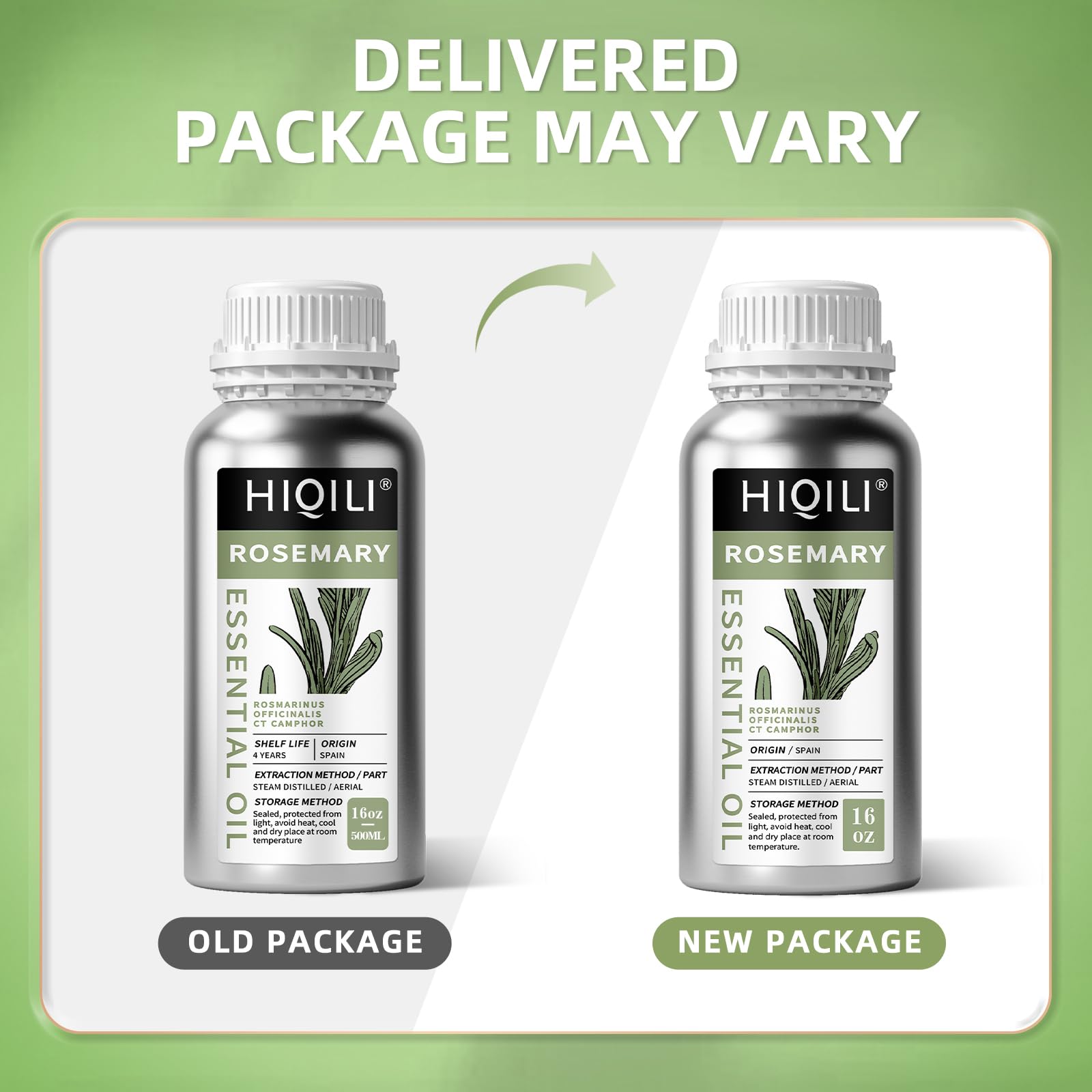HIQILI Rosemary Oil with rosemary leaves—naturally derived for home and hair care.