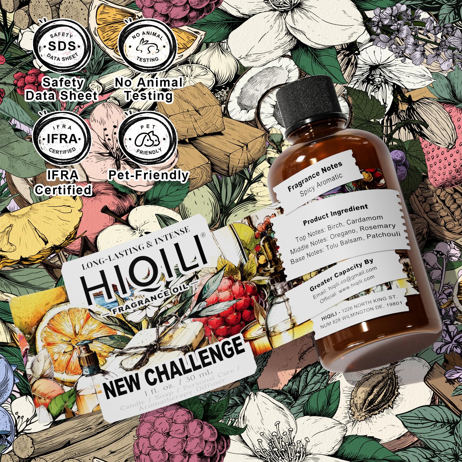 HIQILI fragrance oil compatible with soy wax for scent layering.