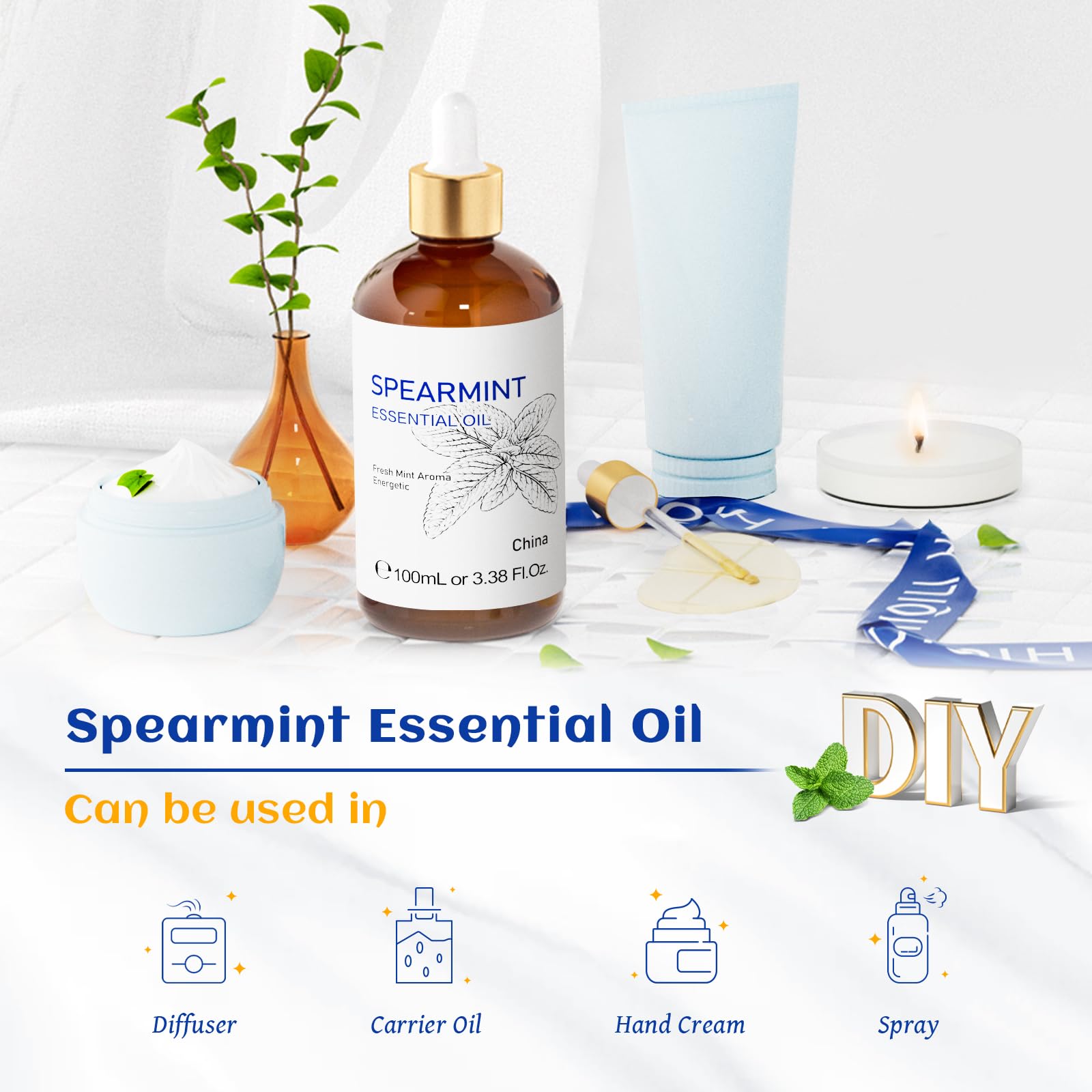 HIQILI Spearmint Oil bottle with mint leaves suggests natural freshness and aroma