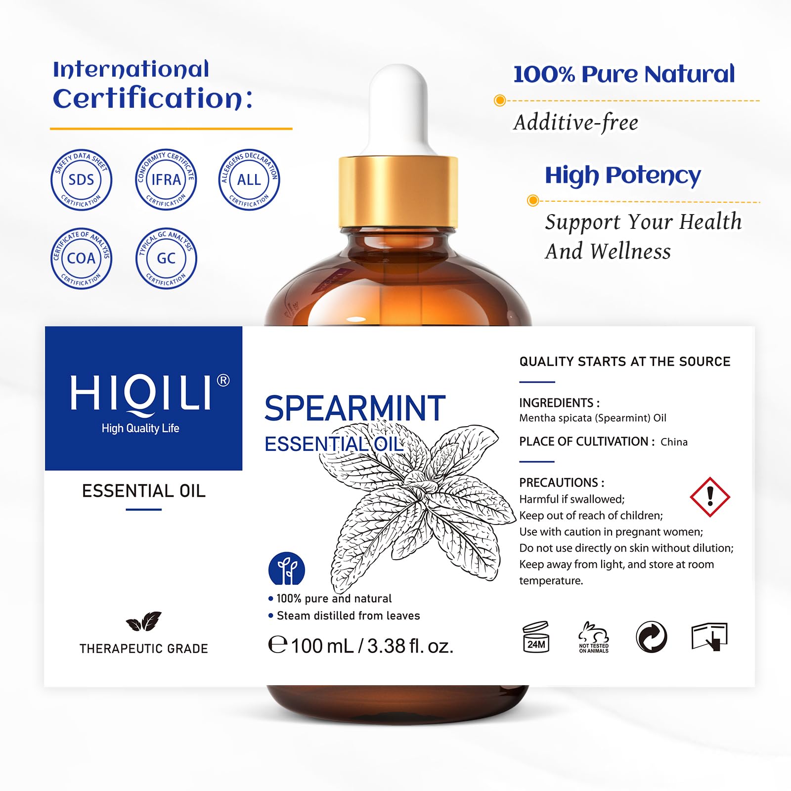 HIQILI Spearmint Oil packaging highlights purity and sustainable sourcing