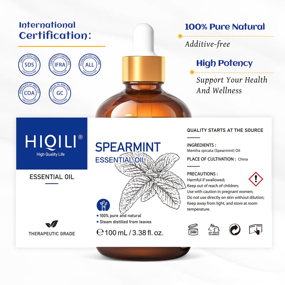 HIQILI Spearmint Oil packaging highlights purity and sustainable sourcing
