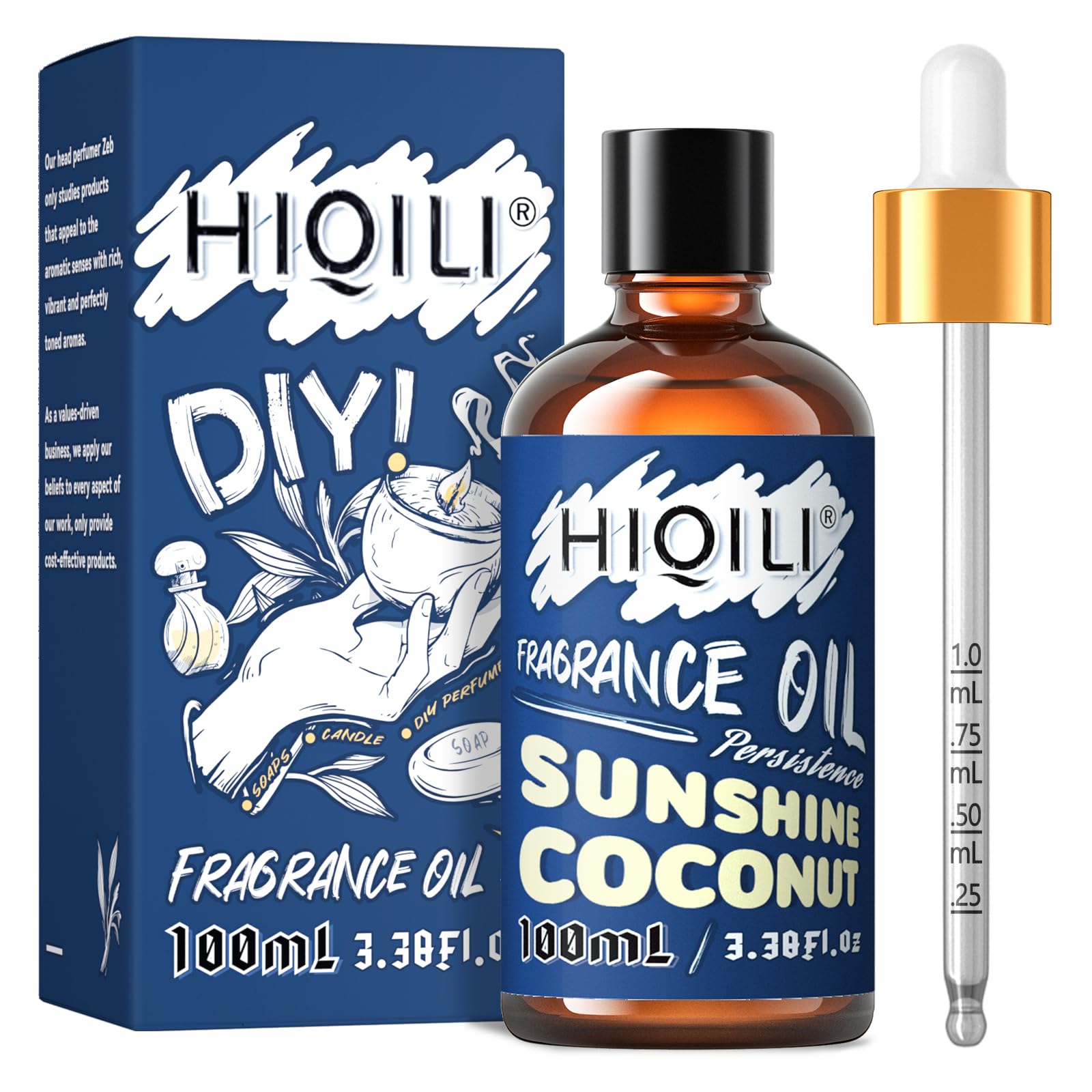 HIQILI Sunshine Coconut fragrance oil in a diffuser bottle for tropical ambiance.