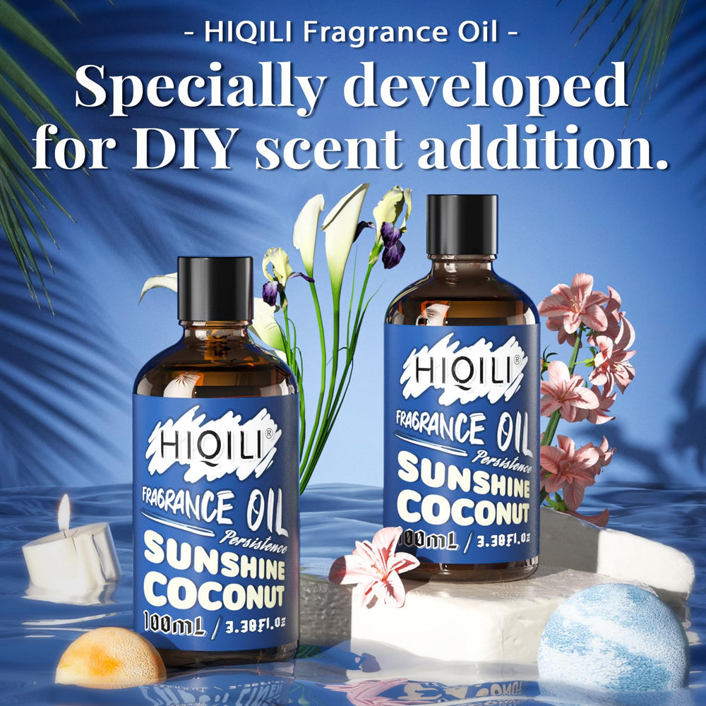HIQILI Sunshine Coconut fragrance oil packaging with dropper and lid.