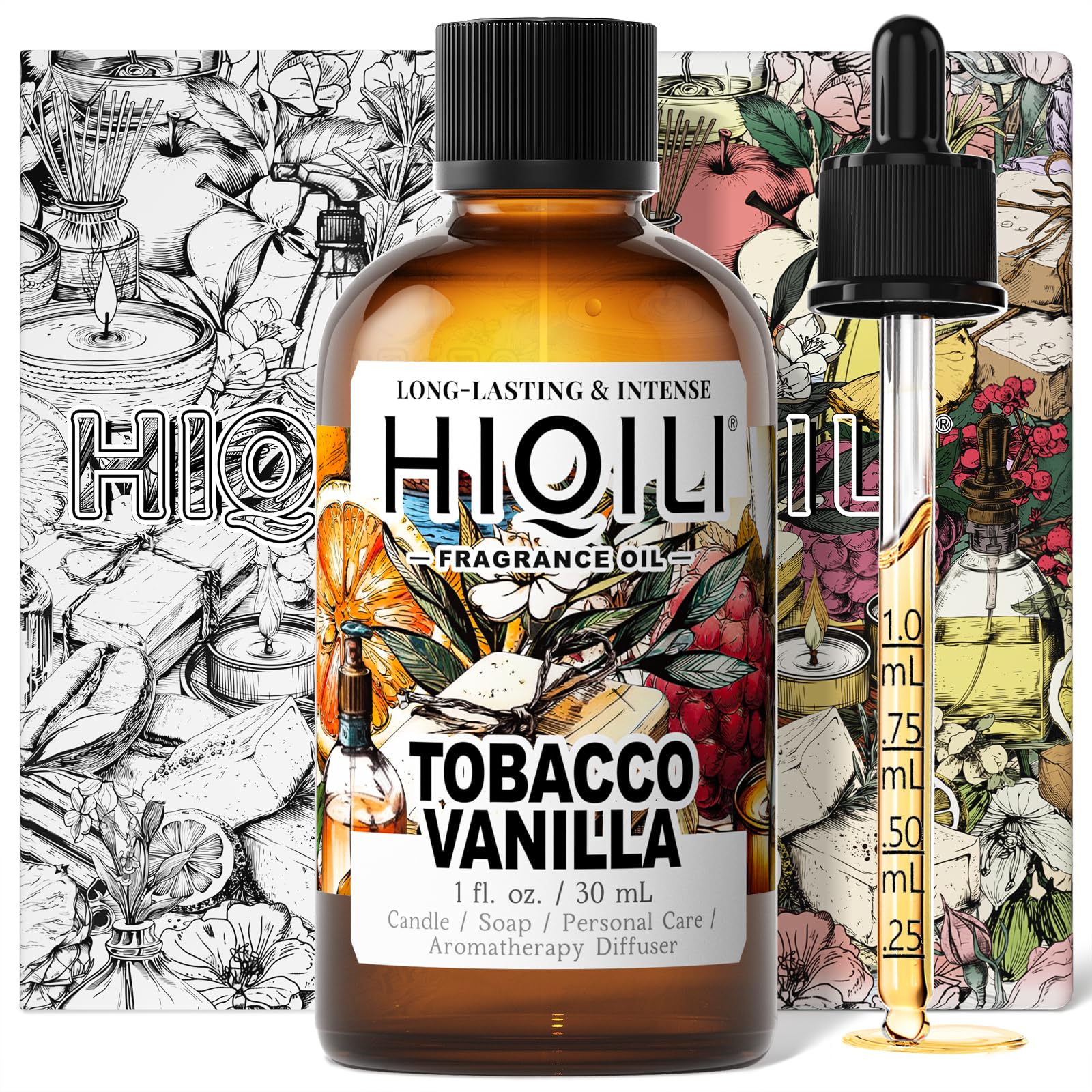 HIQILI Tobacco Vanilla diffuser bottle showing a warm, long-lasting aroma ideal for living spaces.