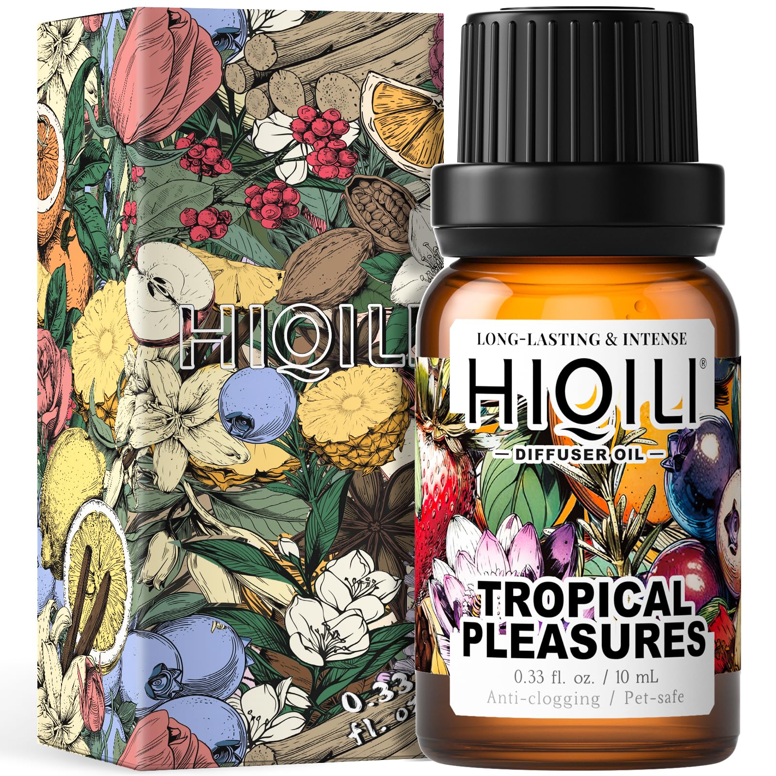 HIQILI Tropical Pleasures diffuser bottle enhances a bright living room with a warm aroma.