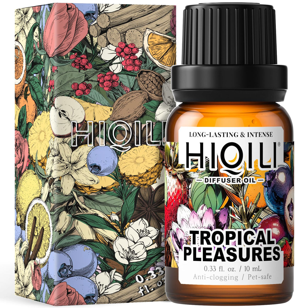 HIQILI Tropical Pleasures diffuser bottle enhances a bright living room with a warm aroma.
