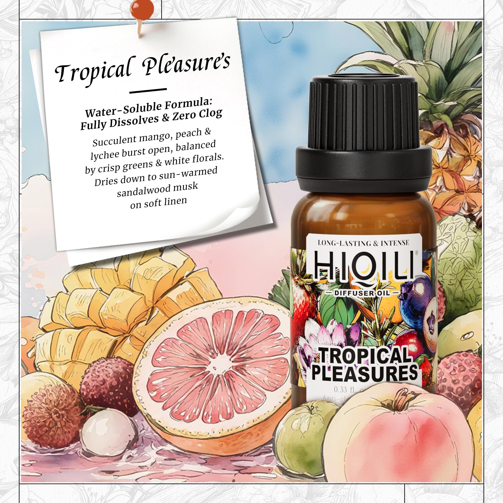HIQILI Tropical Pleasures diffuser drops offer quick, even fragrance release in any diffuser.