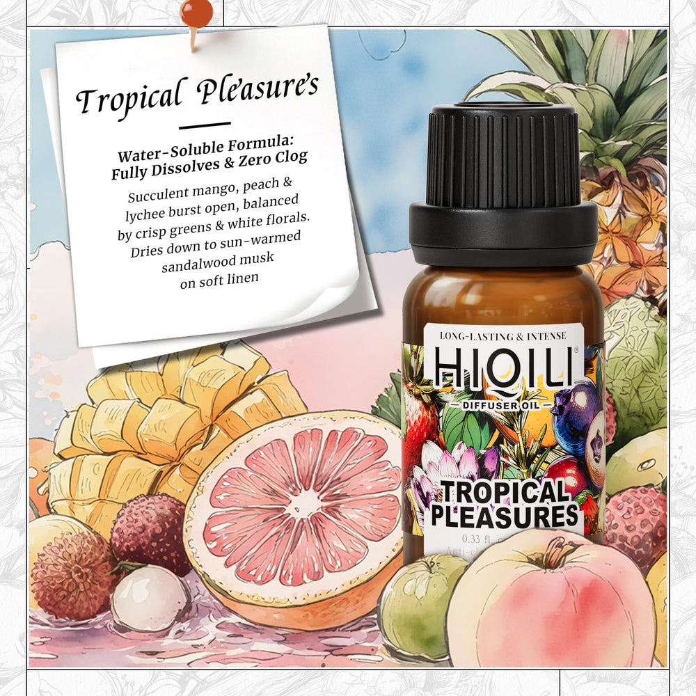 HIQILI Tropical Pleasures diffuser drops offer quick, even fragrance release in any diffuser.
