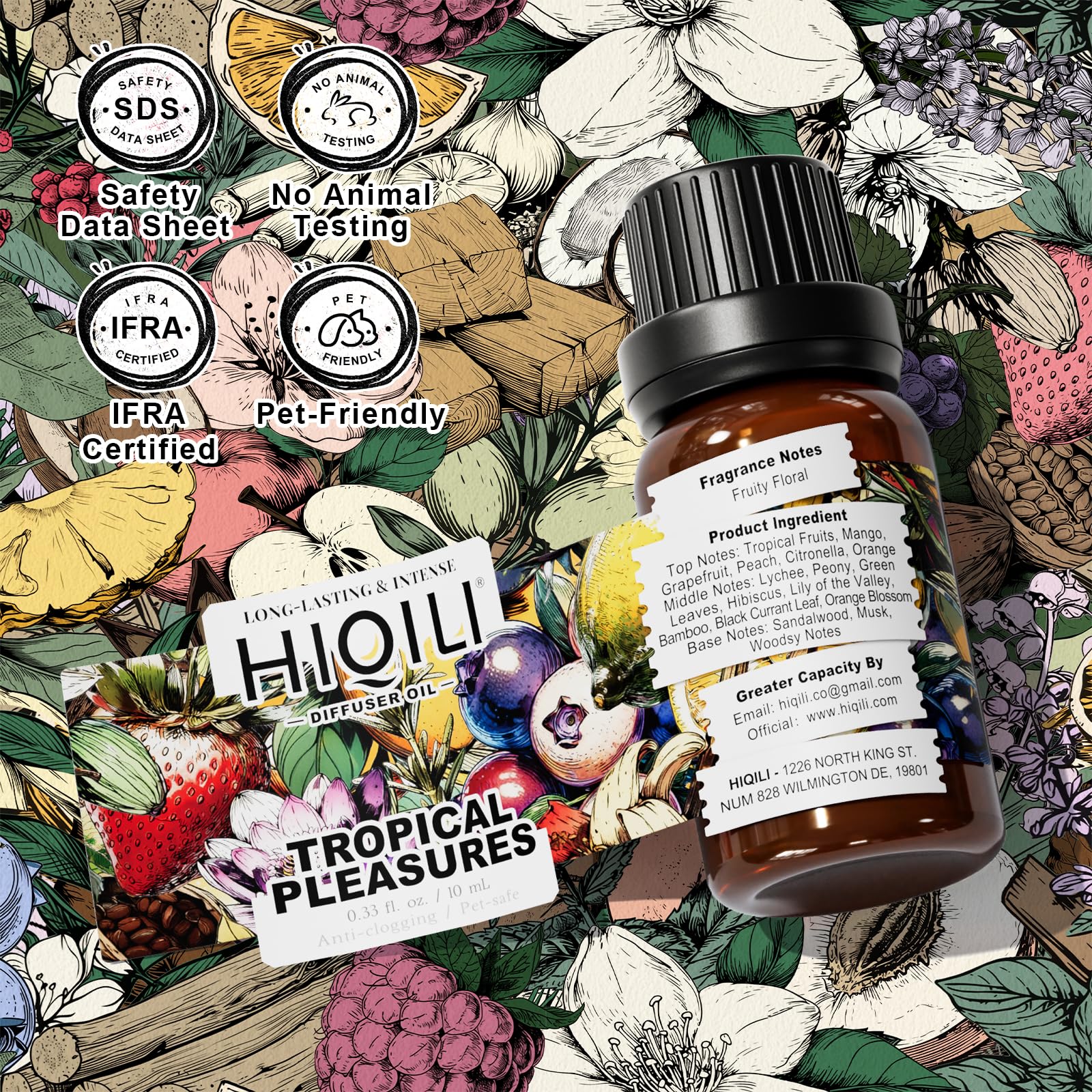 HIQILI Tropical Pleasures label close-up emphasizes IFRA-certified pure formula.
