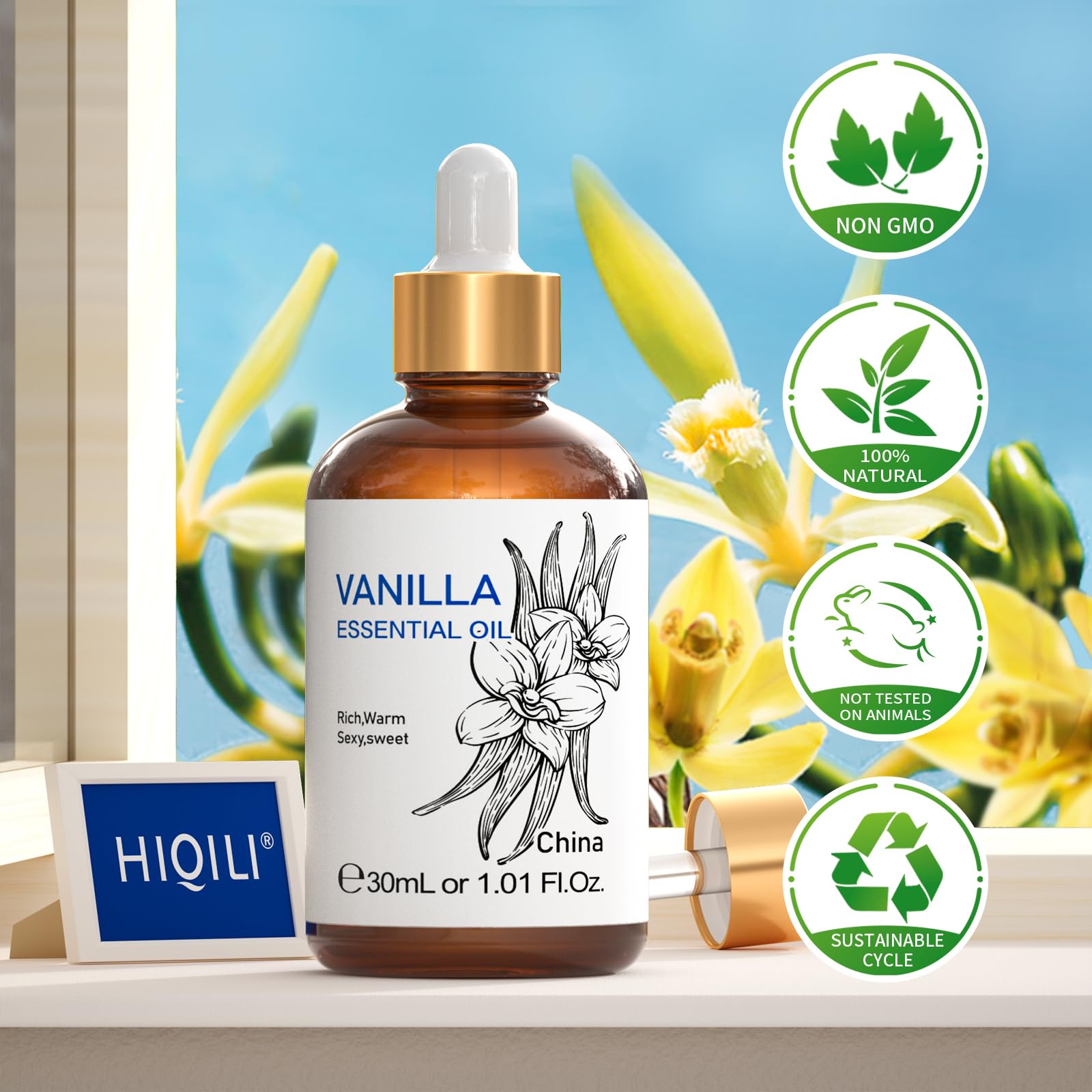 HIQILI vanilla oil on a shelf emphasizing premium, long-lasting fragrance.